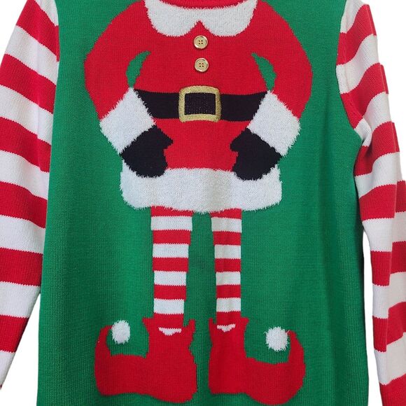 To be Jolly Womens Ugly Christmas Sweater Elf Striped Sleeves Holiday Sz Large - Picture 4 of 10